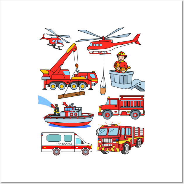 Firefighter Vehicles Firetruck Boat Ambulance Fireman Wall Art by samshirts